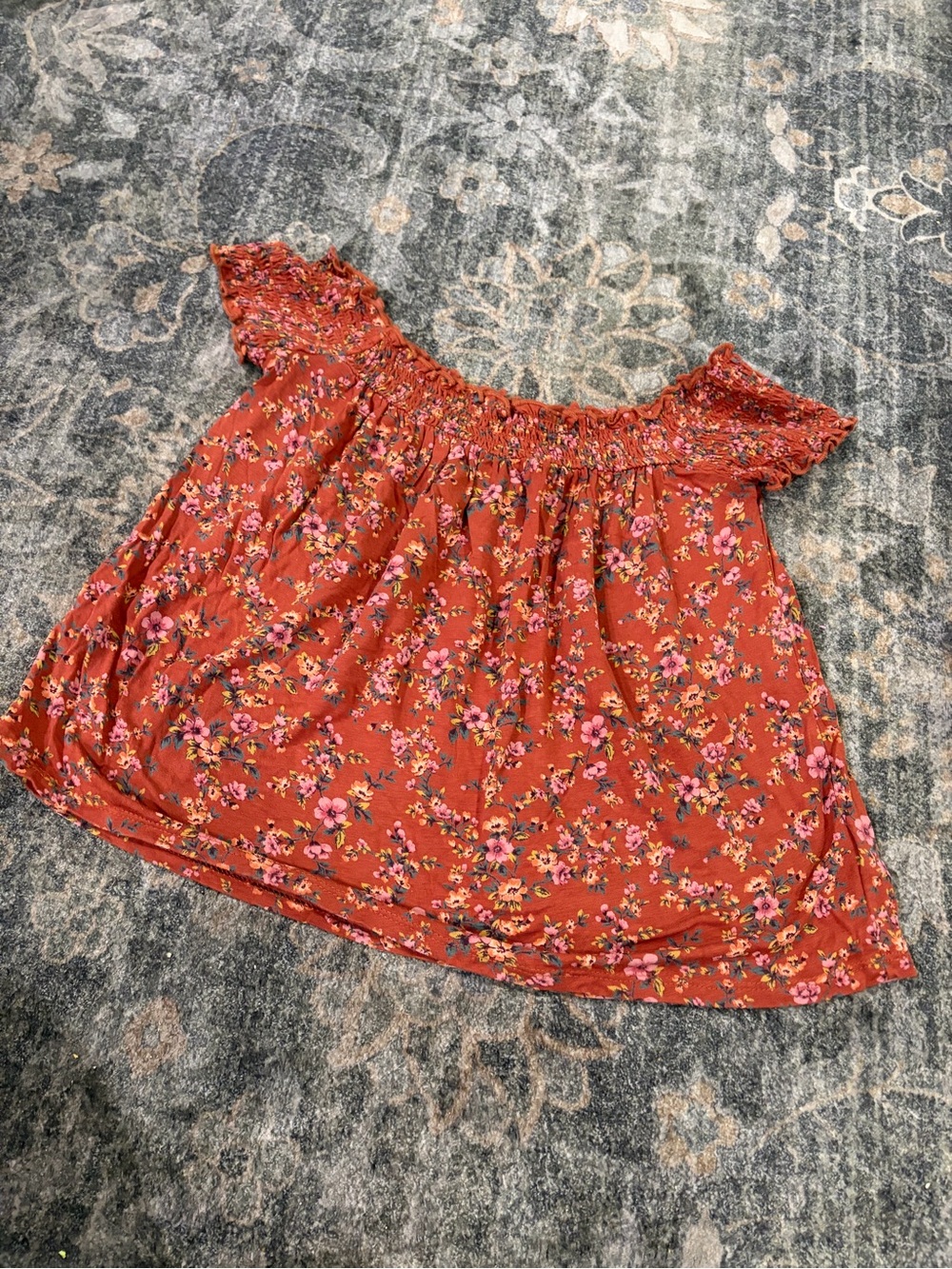 American Eagle Outfitters Rust Floral Off-the-Shoulder Peasant Blouse